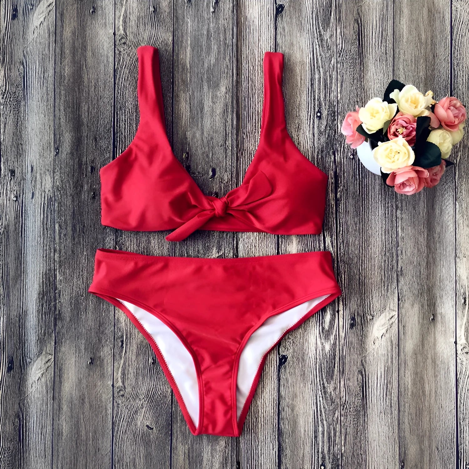 Polyester bikini set in five colour options with sleeveless top and matching bottoms