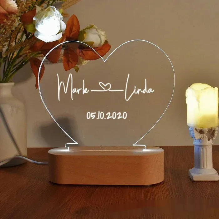 Custom acrylic night light with illuminated names and date for Valentine's gift