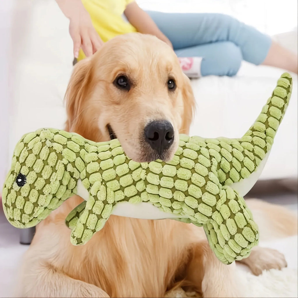 Grey, green, or orange dog chew toy with sound features measuring 35cm long