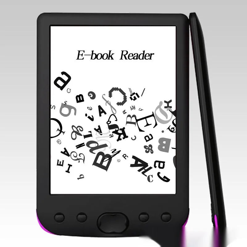 Black 6-inch E-ink e-book reader showing its paper-like display screen