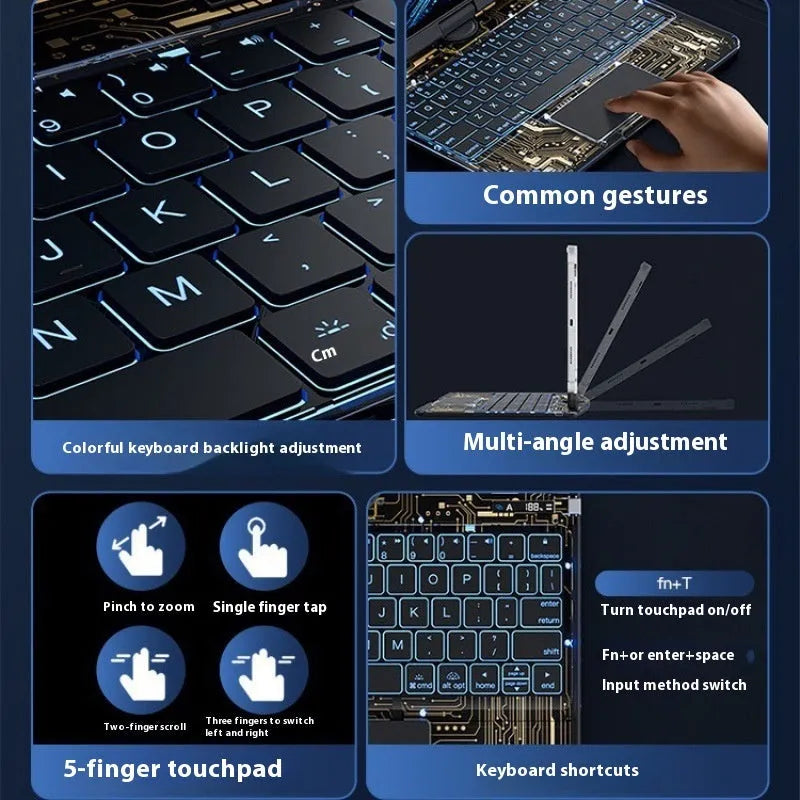 Transparent rotating keyboard integrated into a protective case for an Apple iPad tablet.