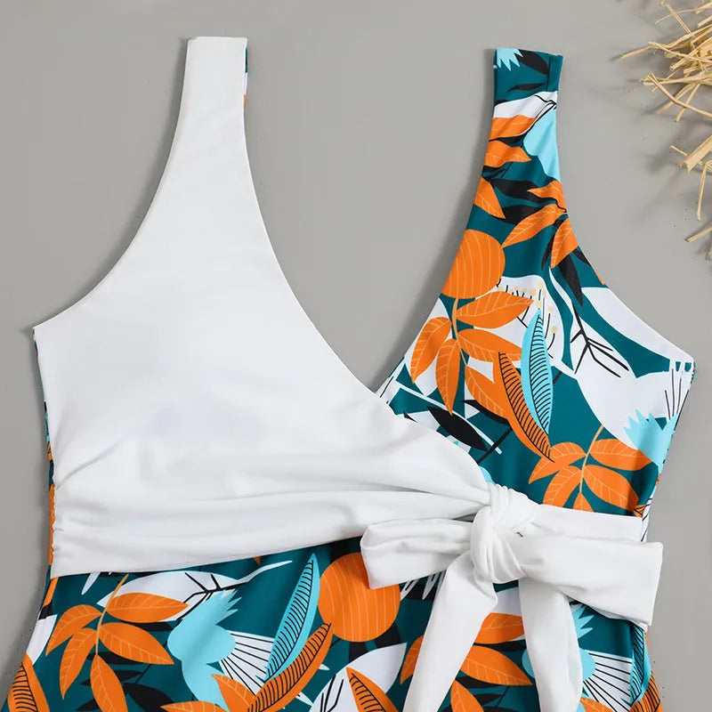 Women's high-waist one-piece swimsuit with printed pattern in polyester and nylon fabric