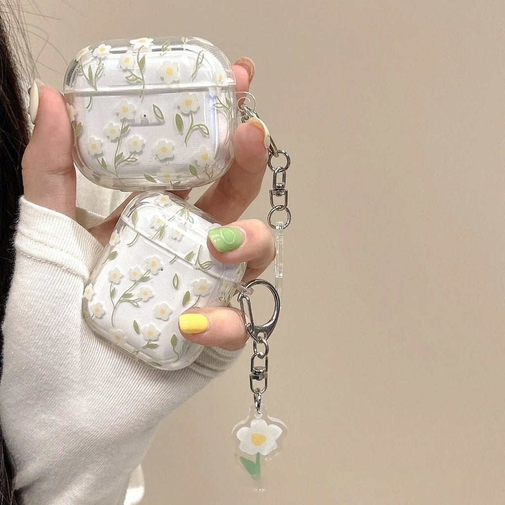 White floral pattern AirPods protective cover with high-transparency TPU material