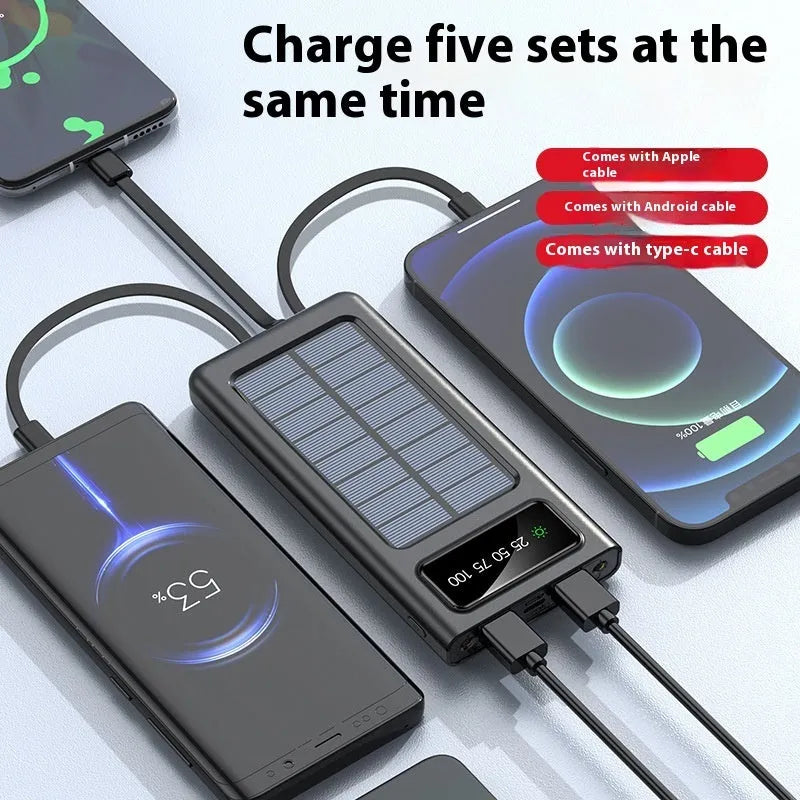 Black and white solar power bank with charging cable showing 20000mAh capacity and solar panel