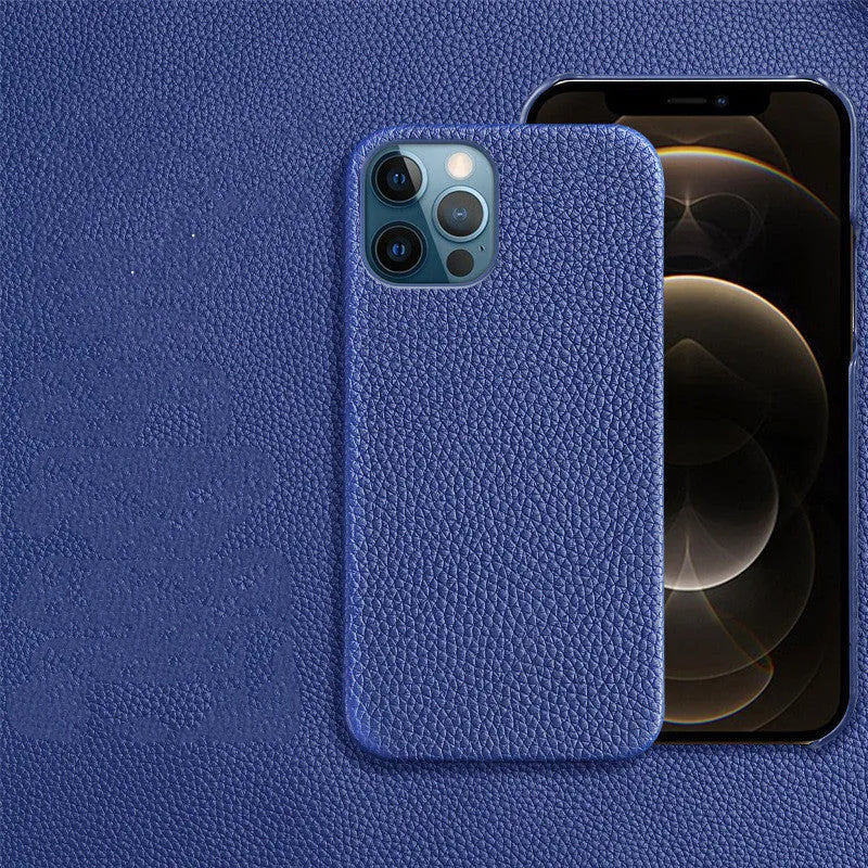 Genuine leather protective case for iPhone in simple half-break style on a table.