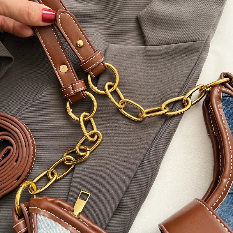 Brown denim women's bucket shoulder bag with diamond mesh chain straps and lock closure