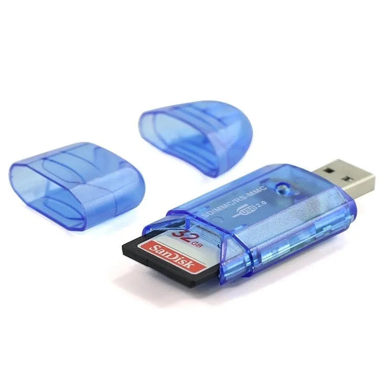 Transparent plastic USB card reader with optional LED light, card holder, and storage bag.