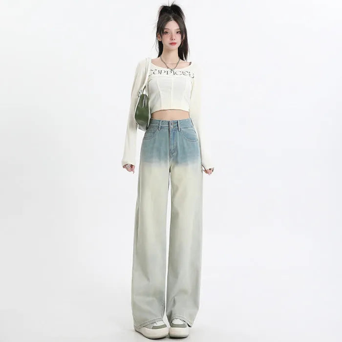 Women's gradient blue straight-leg denim trousers with wide leg design on hanger