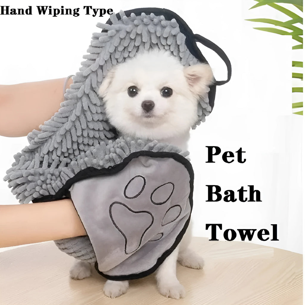Blue dog bath robe towel laid flat showing 62cm by 23cm size and soft fibre texture