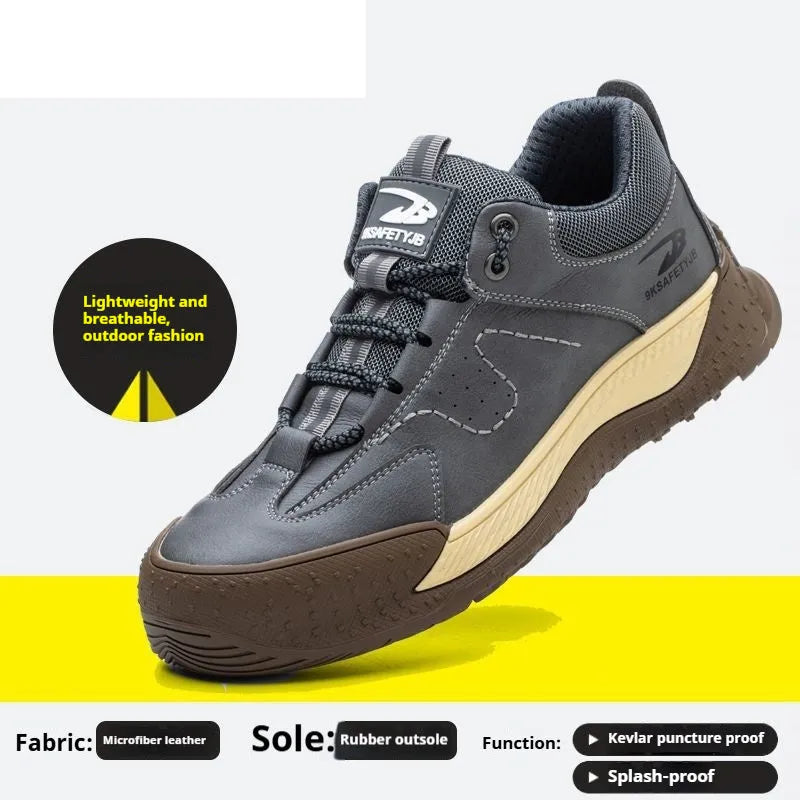 Flyknit leather work safety shoes with rubber sole in black, shown in a size 42.