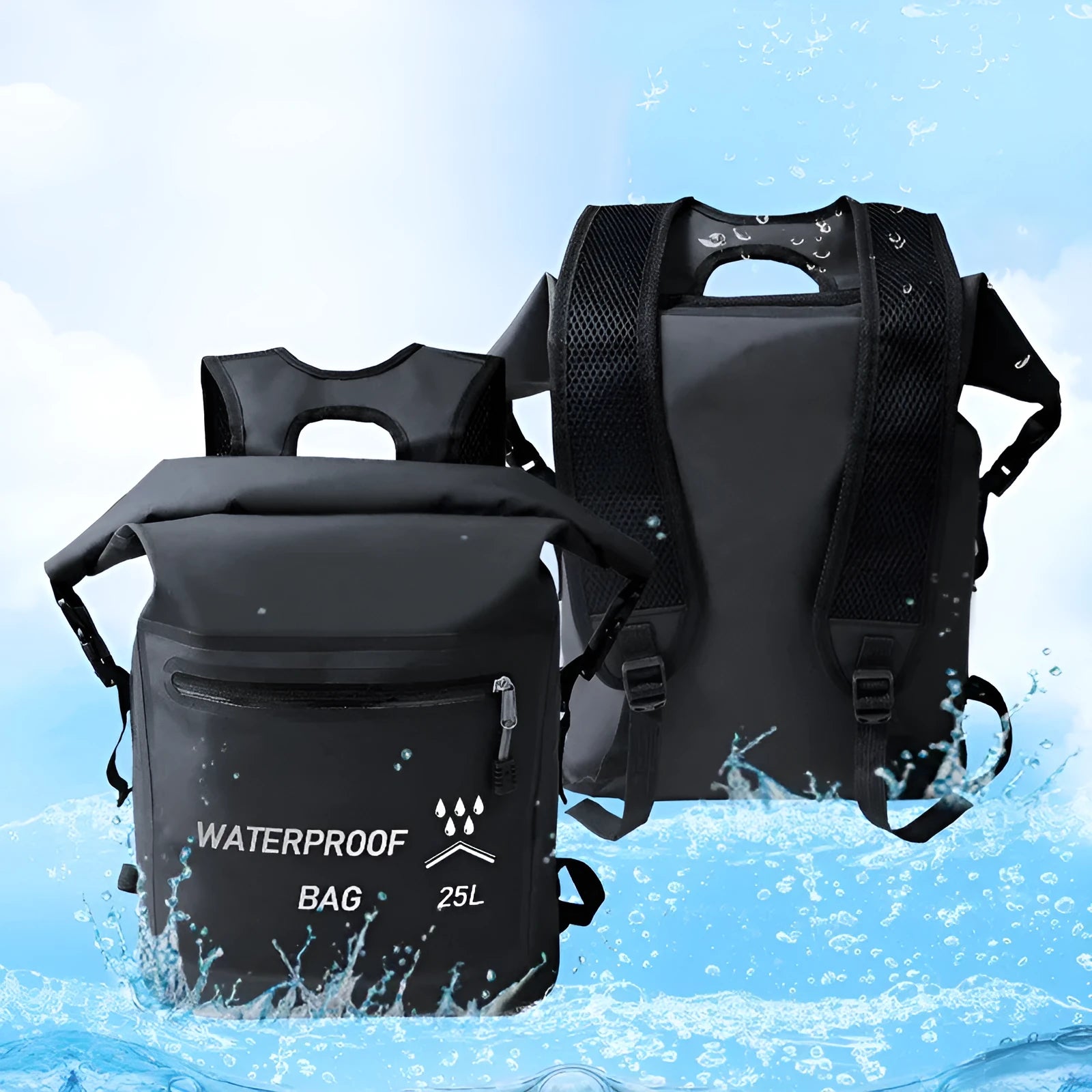 Black 25-litre waterproof backpack for swimming, river tracing and rafting