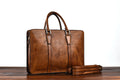 Men's 14-inch vegetable tanned leather business handbag in horizontal square design