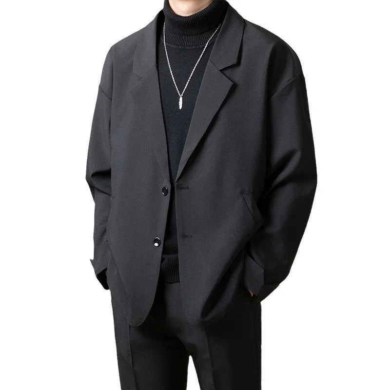 Loose fit casual suit jacket in polyester blend fabric showing four colour options: apricot, black, brown, and dark grey