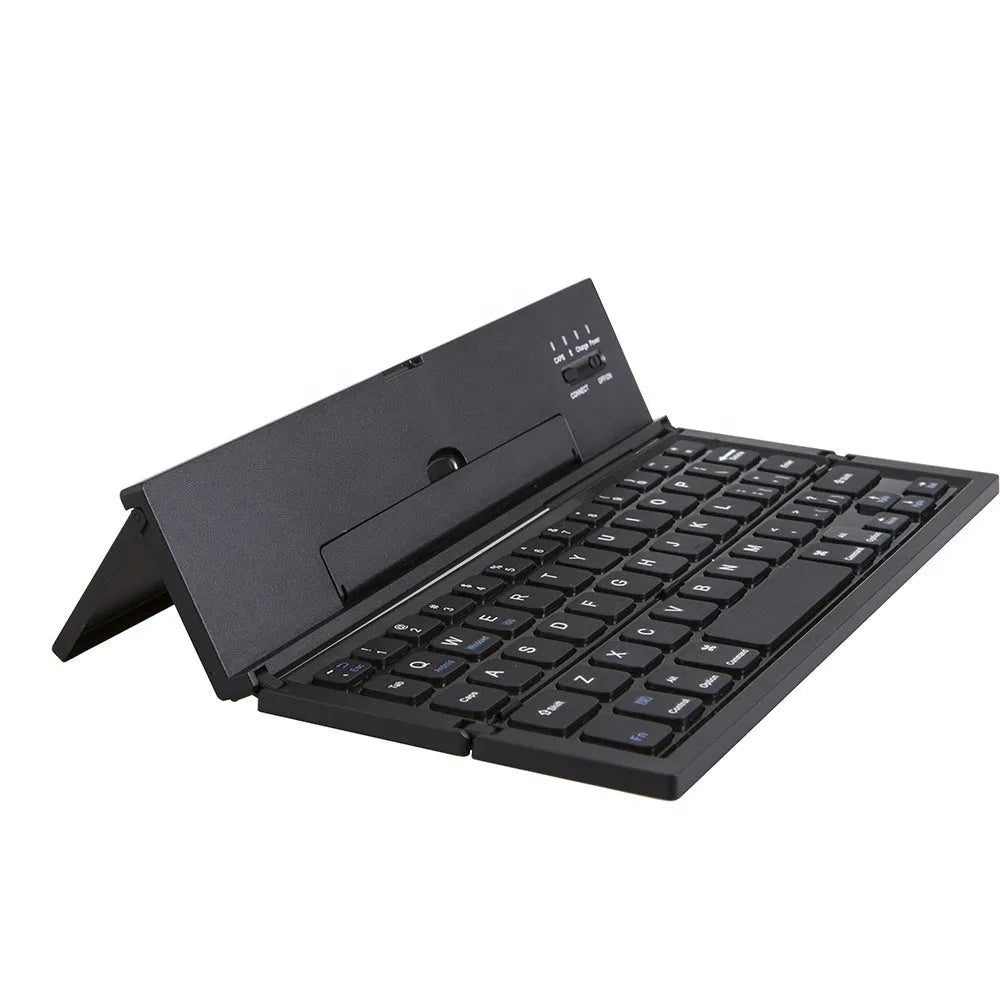 Black and white mini folding wireless Bluetooth keyboard for tablets, shown open with numeric keypad.