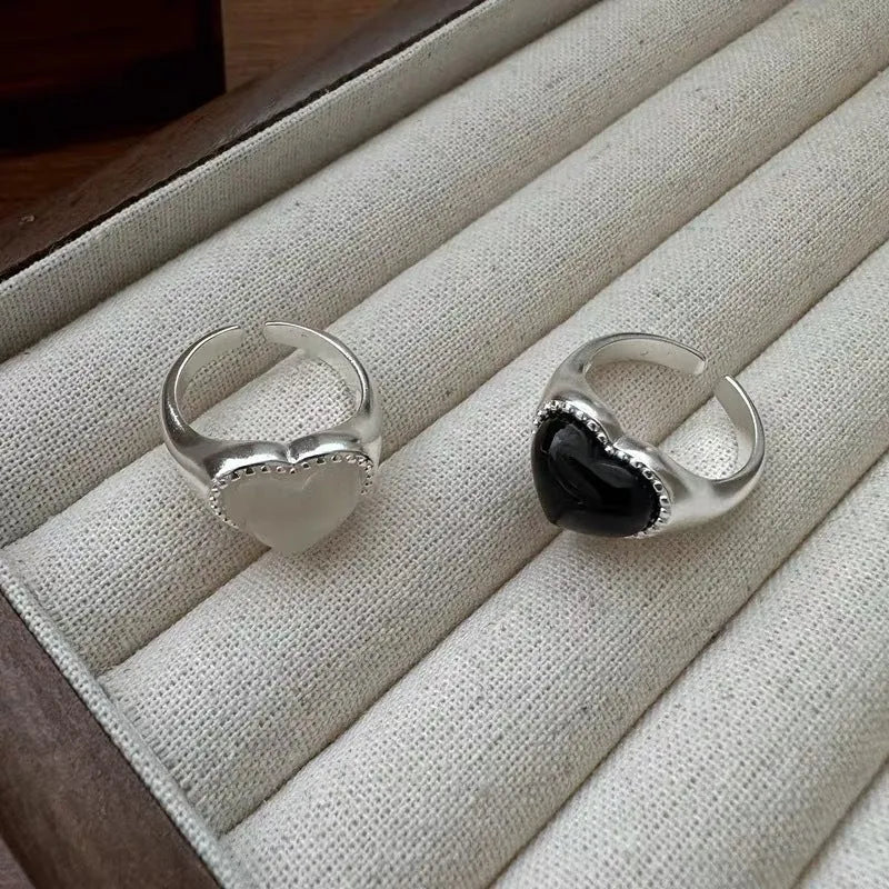 S925 sterling silver heart ring with black agate and adjustable opening