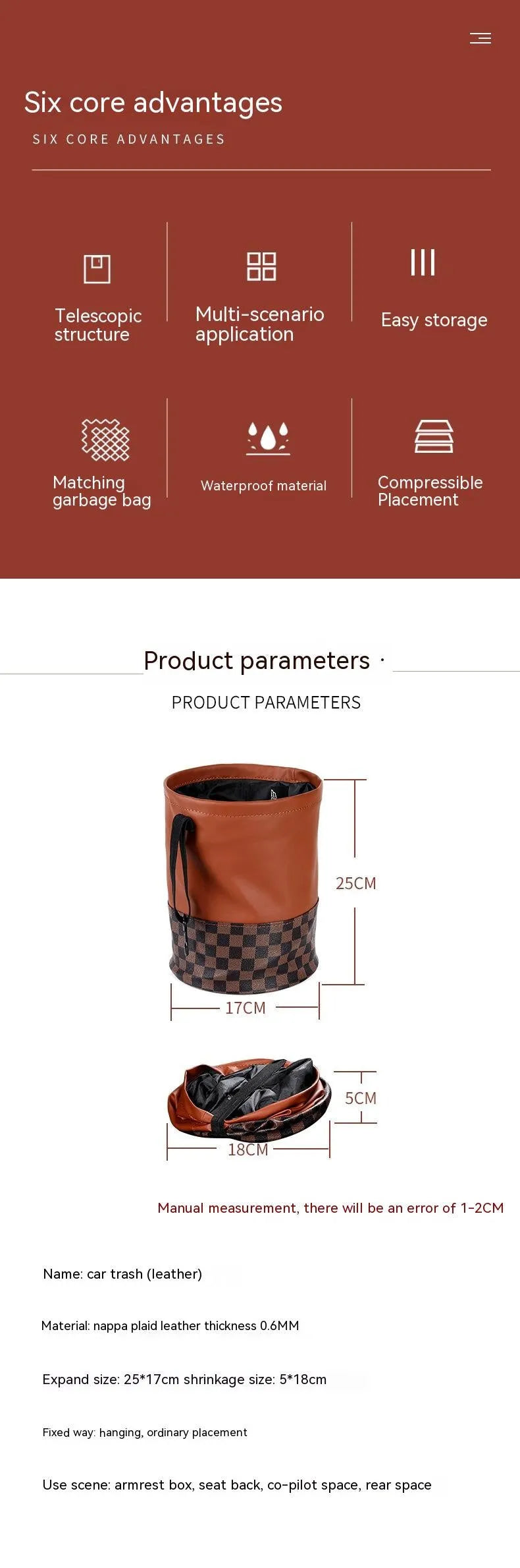 Leather retractable folding car trash can with handle shown in vehicle interior