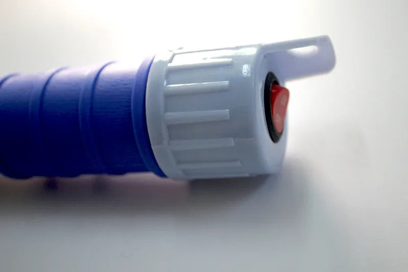 Blue manual hand pump with pipe for transferring fuel, oil or water.