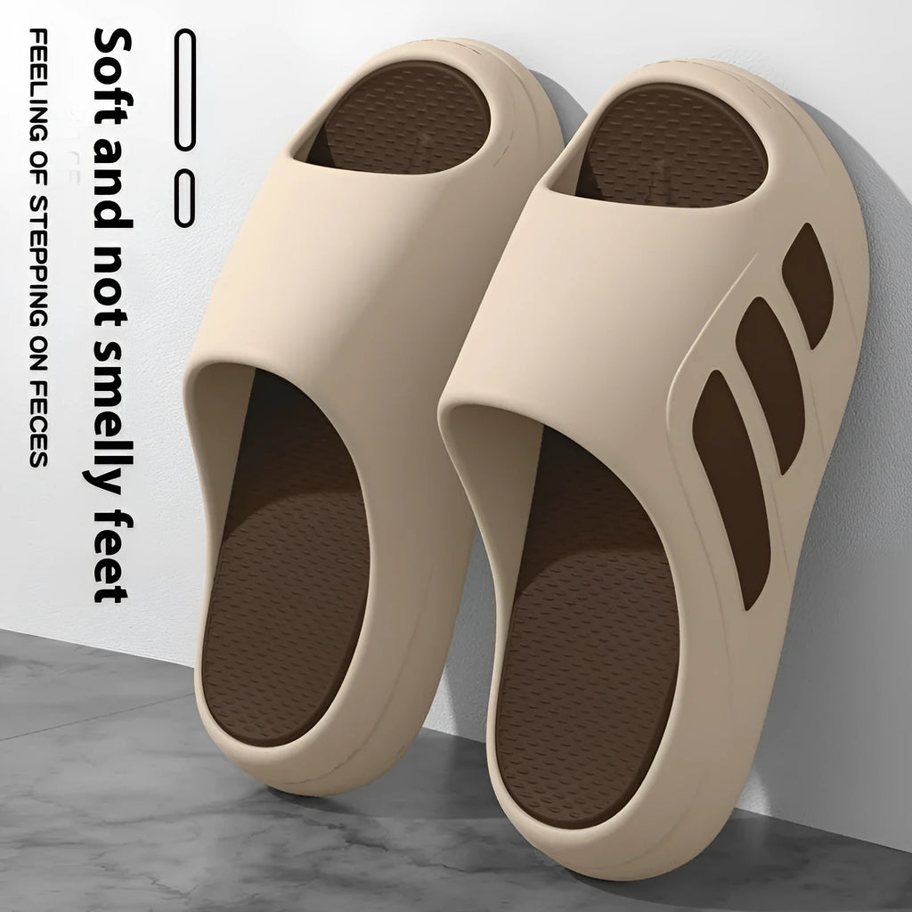 Brown platform slippers with a thick EVA sole and flip-flop design for indoor use.