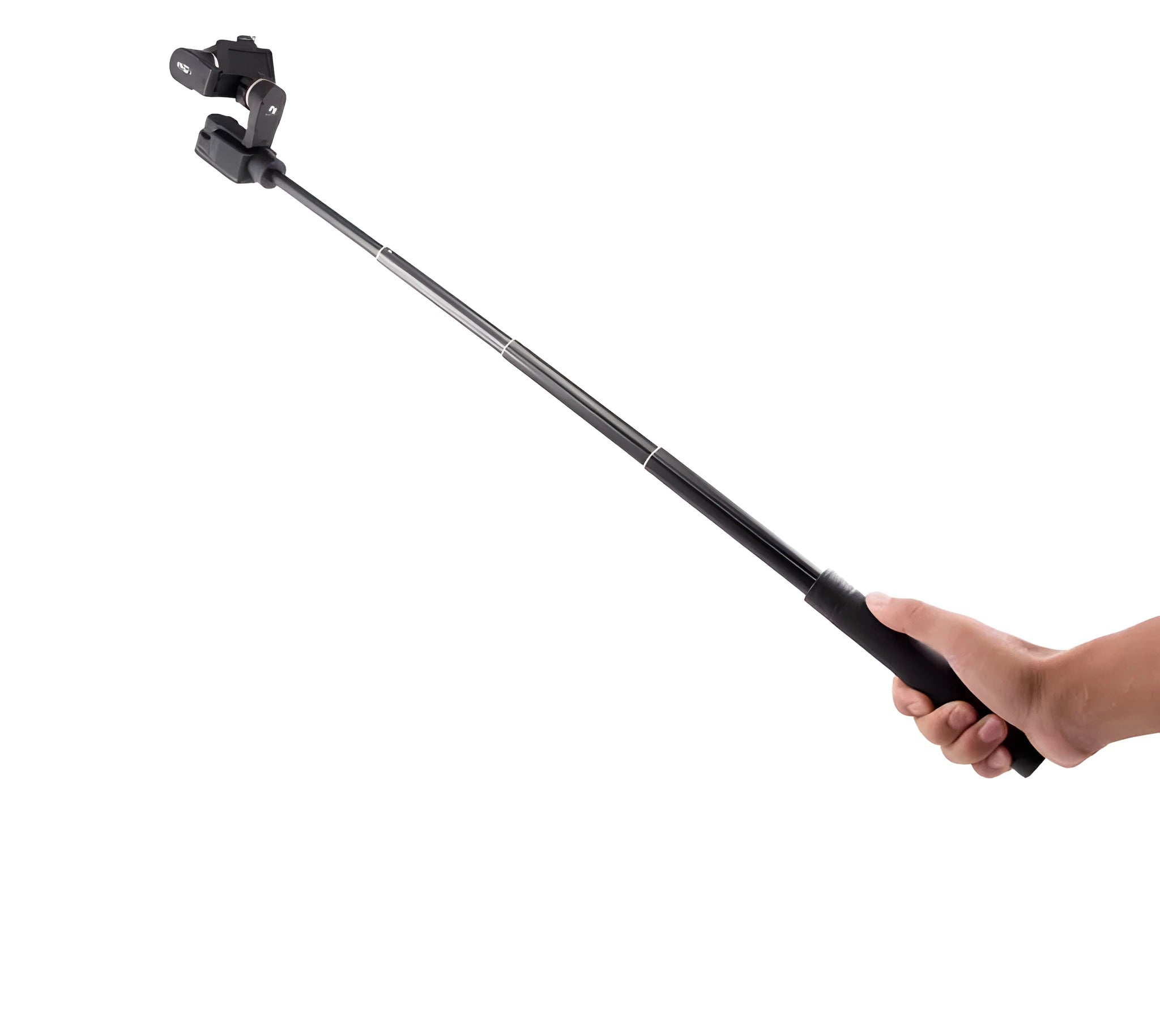 Black retractable selfie stick extended, showing smartphone mounted for a handheld shot.