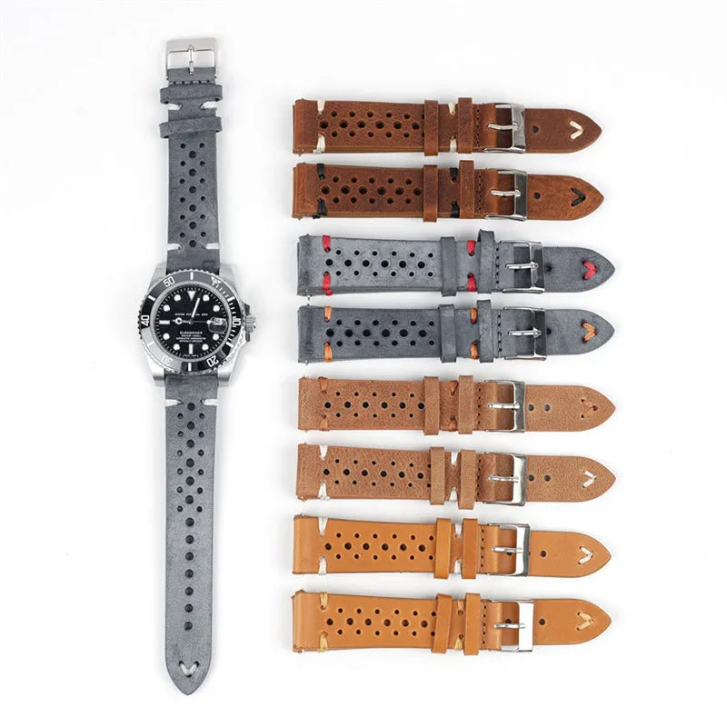 Handmade retro genuine leather watch band with stitched line, shown in dark grey, khaki and brown options