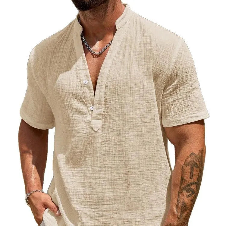 Men's stand collar short sleeve shirt in solid colour with breathable fabric for summer casual wear