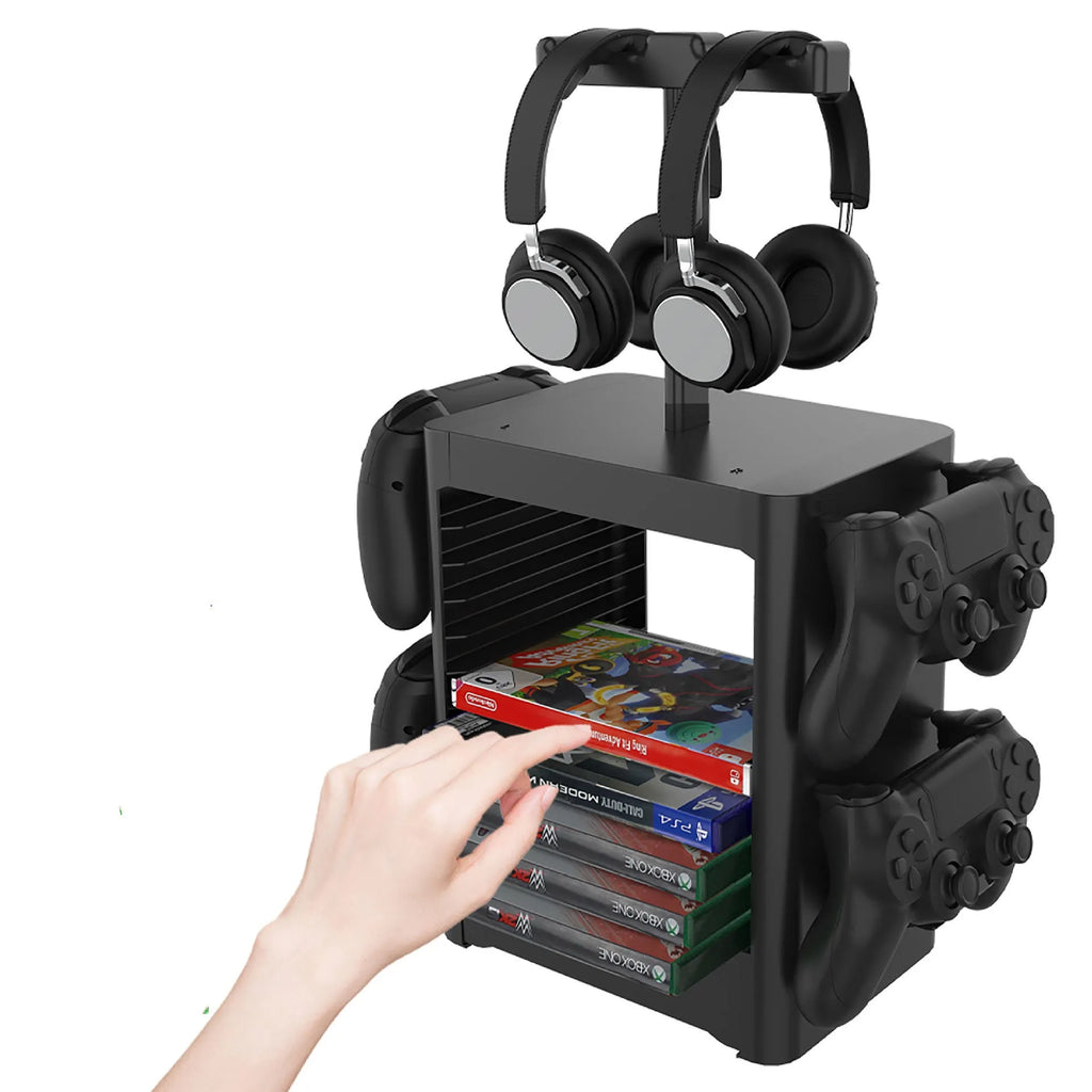 Black universal game console storage rack with headphone stand and drawer for controllers and games