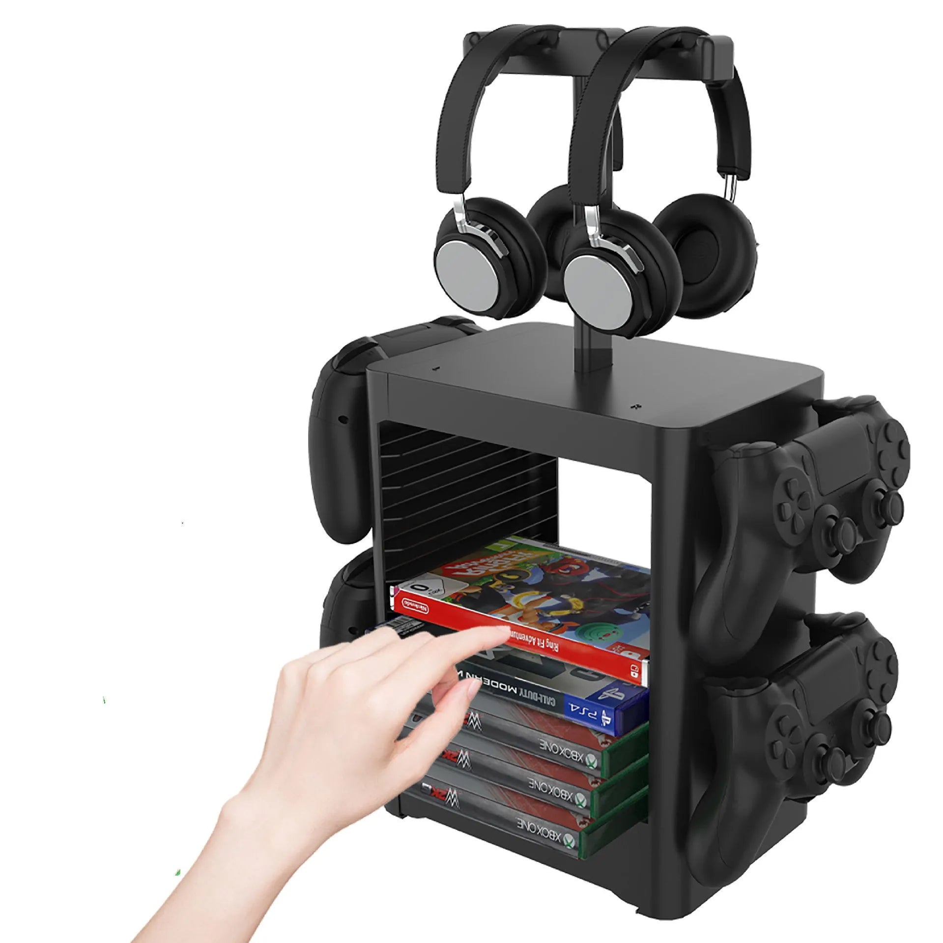 Black universal game console storage rack with headphone stand and drawer for controllers and games