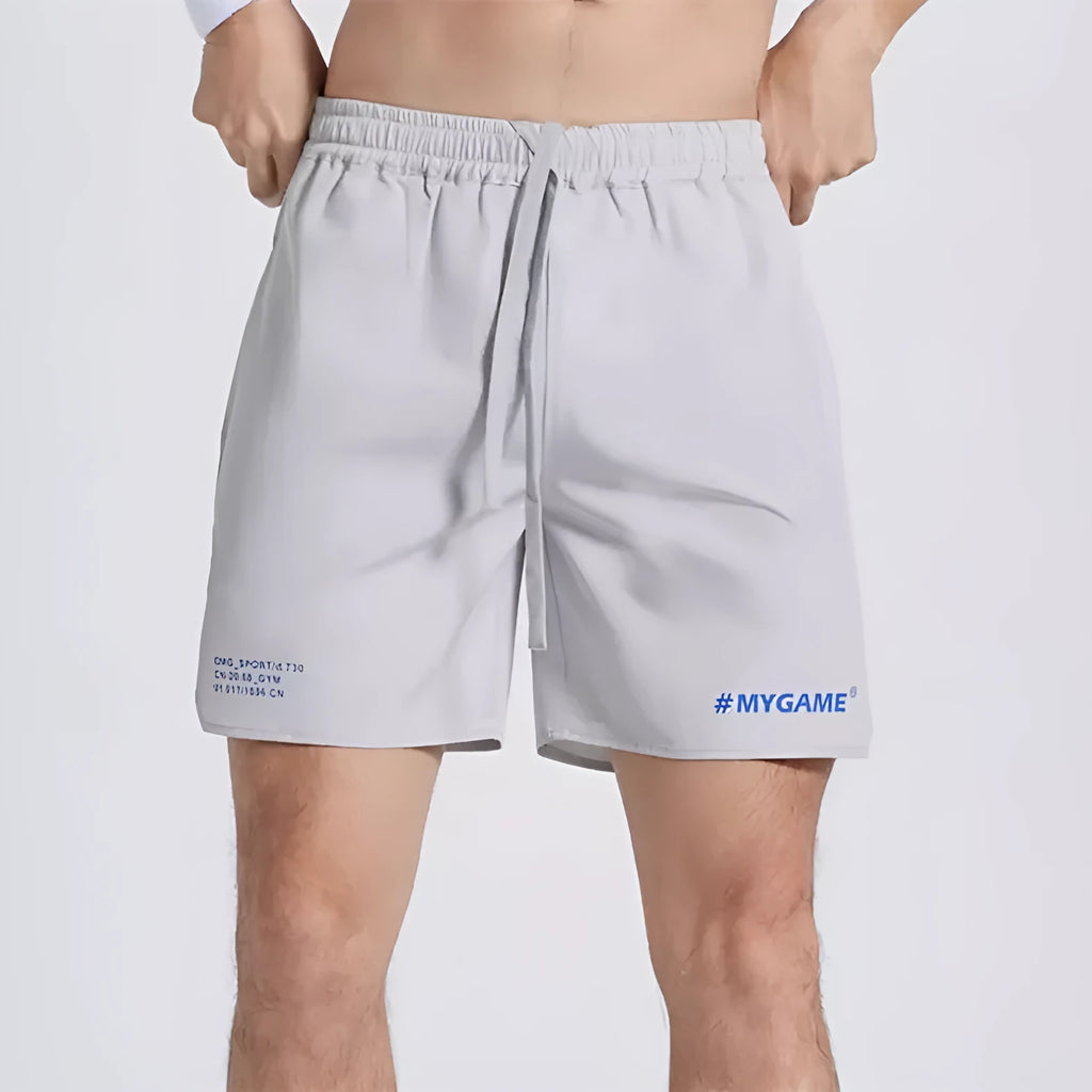 Men's fitness training shorts in blue, black, grey, or white made from polyester and spandex fabric.