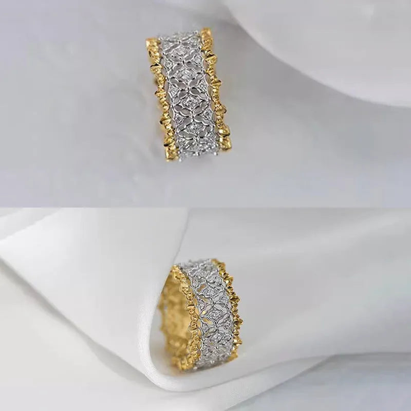 Geometric copper ring with gold electroplate and round zircon stone in two-tone finish