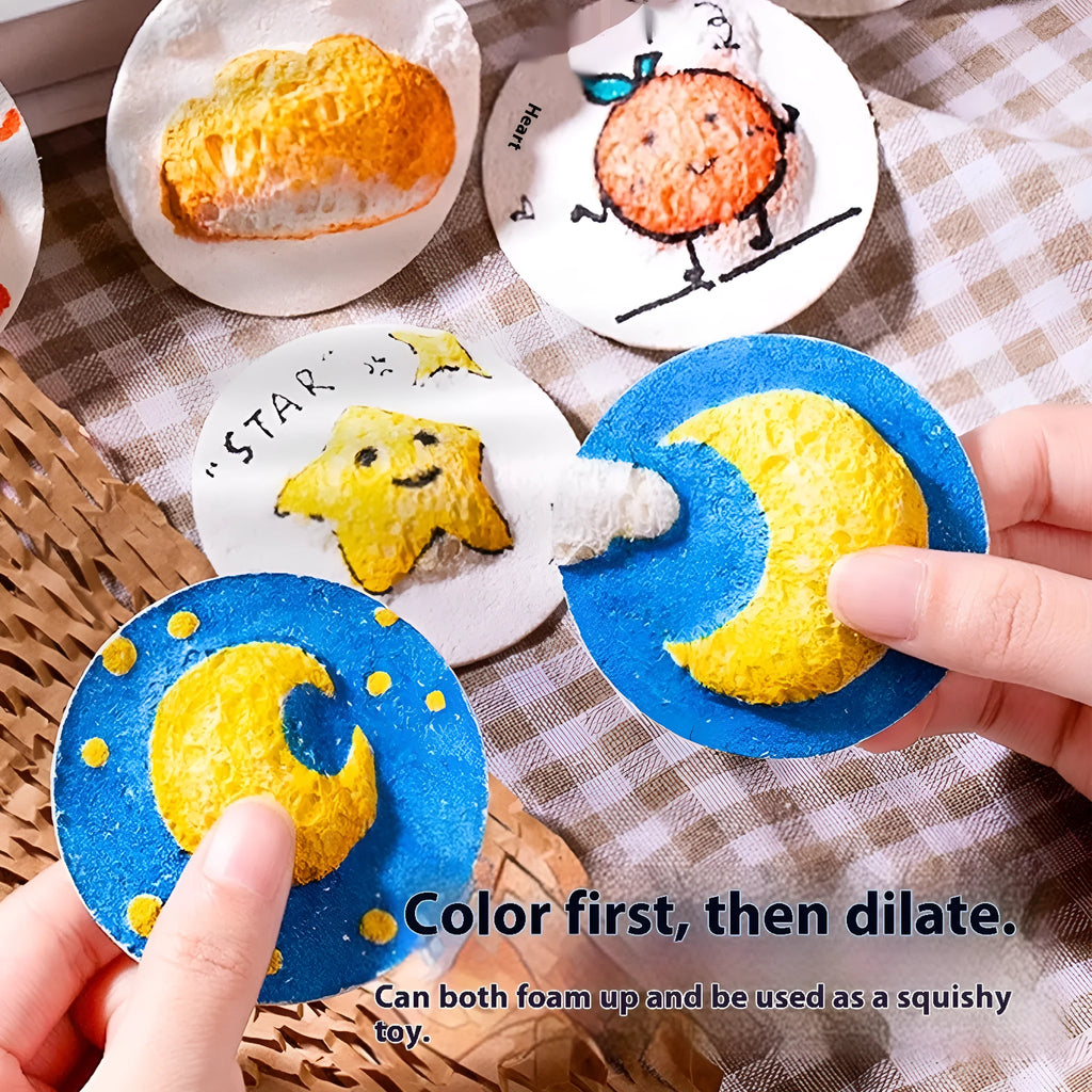 Popular painting sponge craft set showing blank heart, round, and square sponges with fountain pens on wood pulp paper.