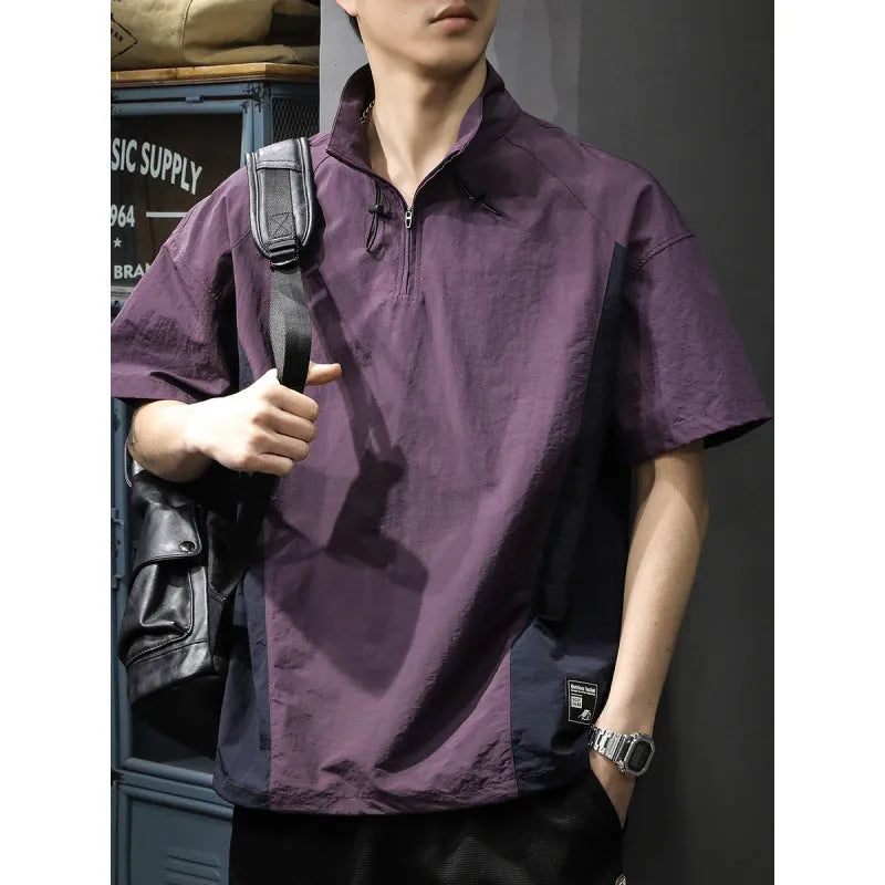 Men's brown half-zipped stand collar business shirt with short sleeves on hanger