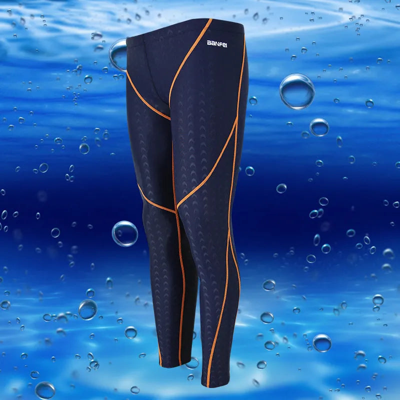 Men's nylon cropped swimming trunks in dark blue with orange line detail