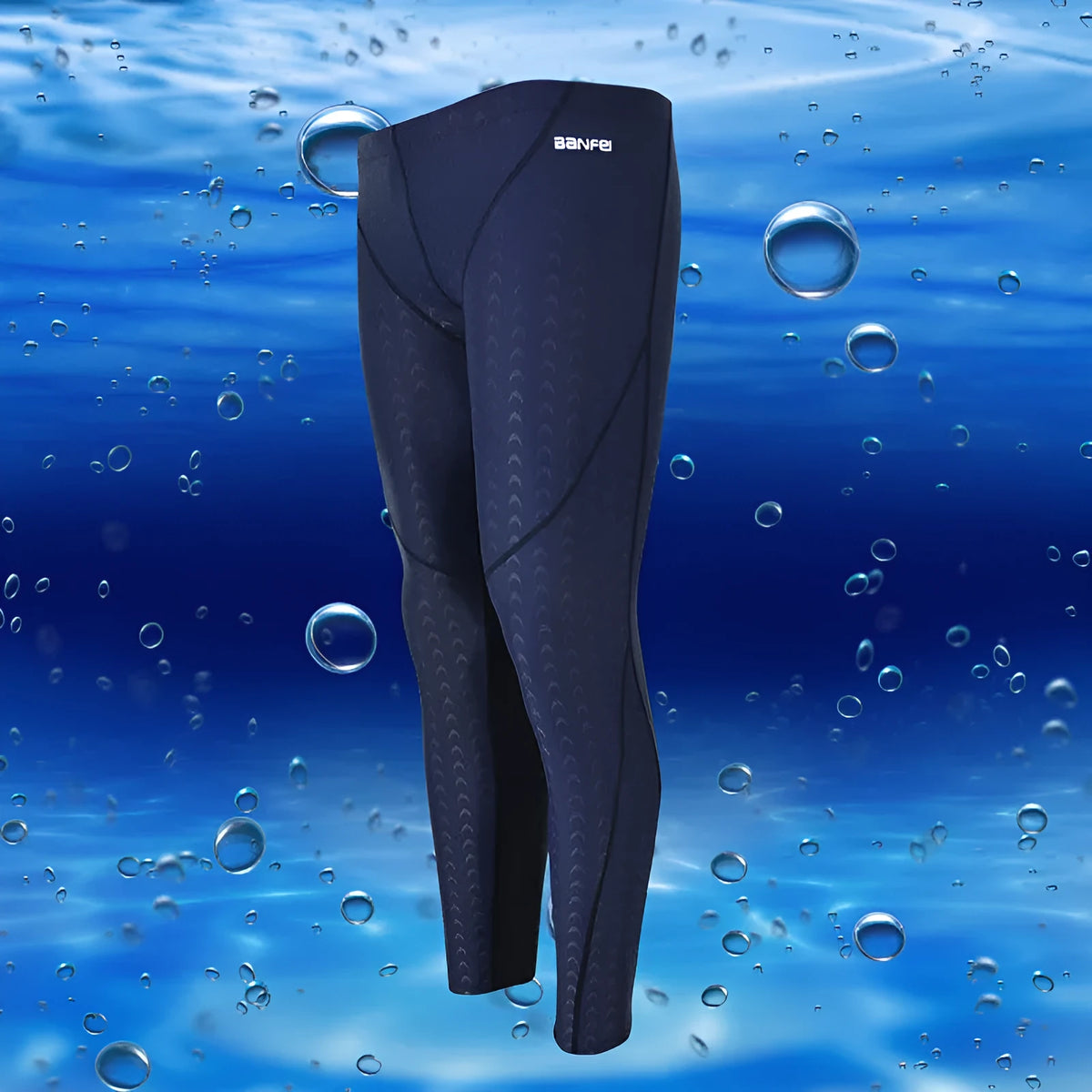 Men's nylon cropped swimming trunks in dark blue with orange line detail