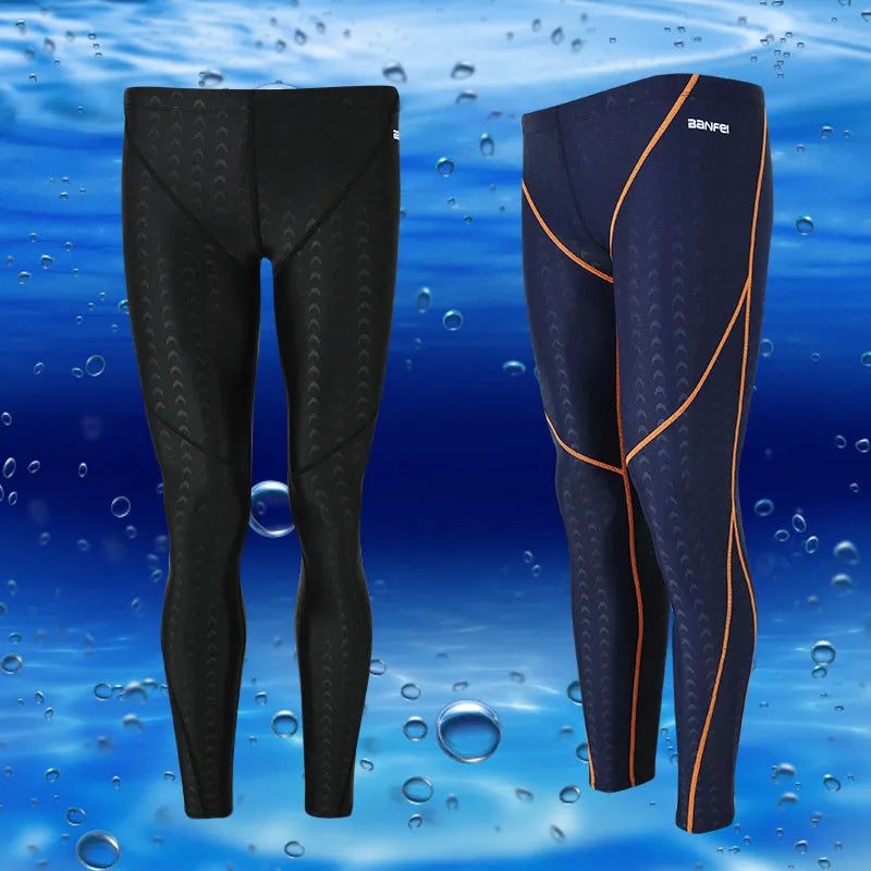 Men's nylon cropped swimming trunks in dark blue with orange line detail