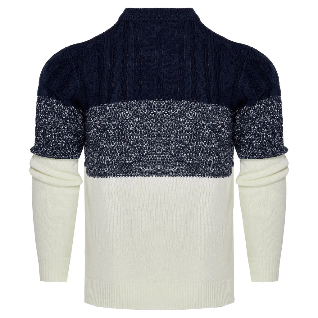 Men's knitted long-sleeved pullover sweater on a model, shown in one of several available styles.