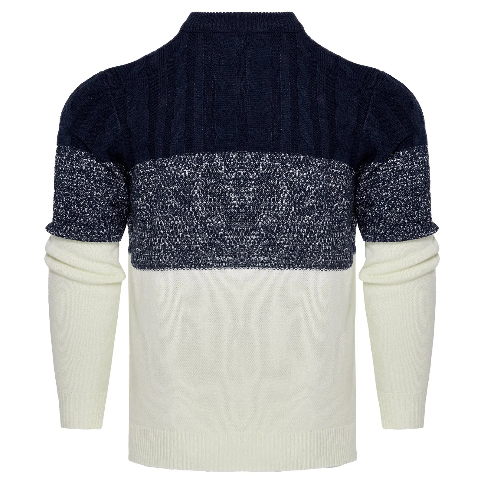 Men's knitted long-sleeved pullover sweater on a model, shown in one of several available styles.