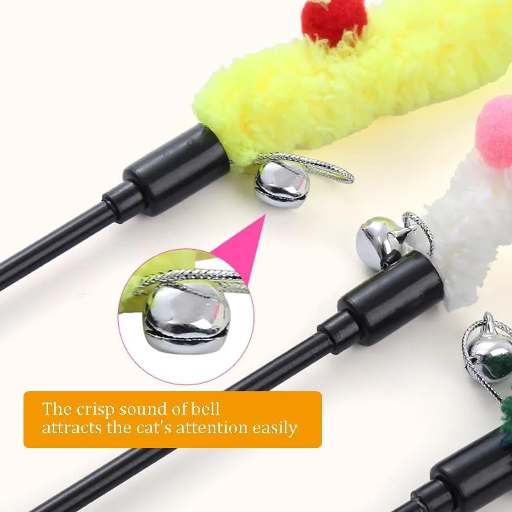 Cat wand toy with colourful fluffy ball and bell on 60cm plush strip attached to 41cm pole