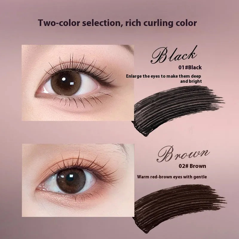 Long curling waterproof mascara in black and brown shades with applicator wand