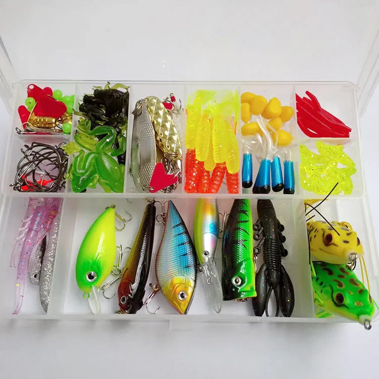Fishing lure kit with 142 pieces including hard minnow lures, sequins, hooks, and metal fishing pliers on a blue background.