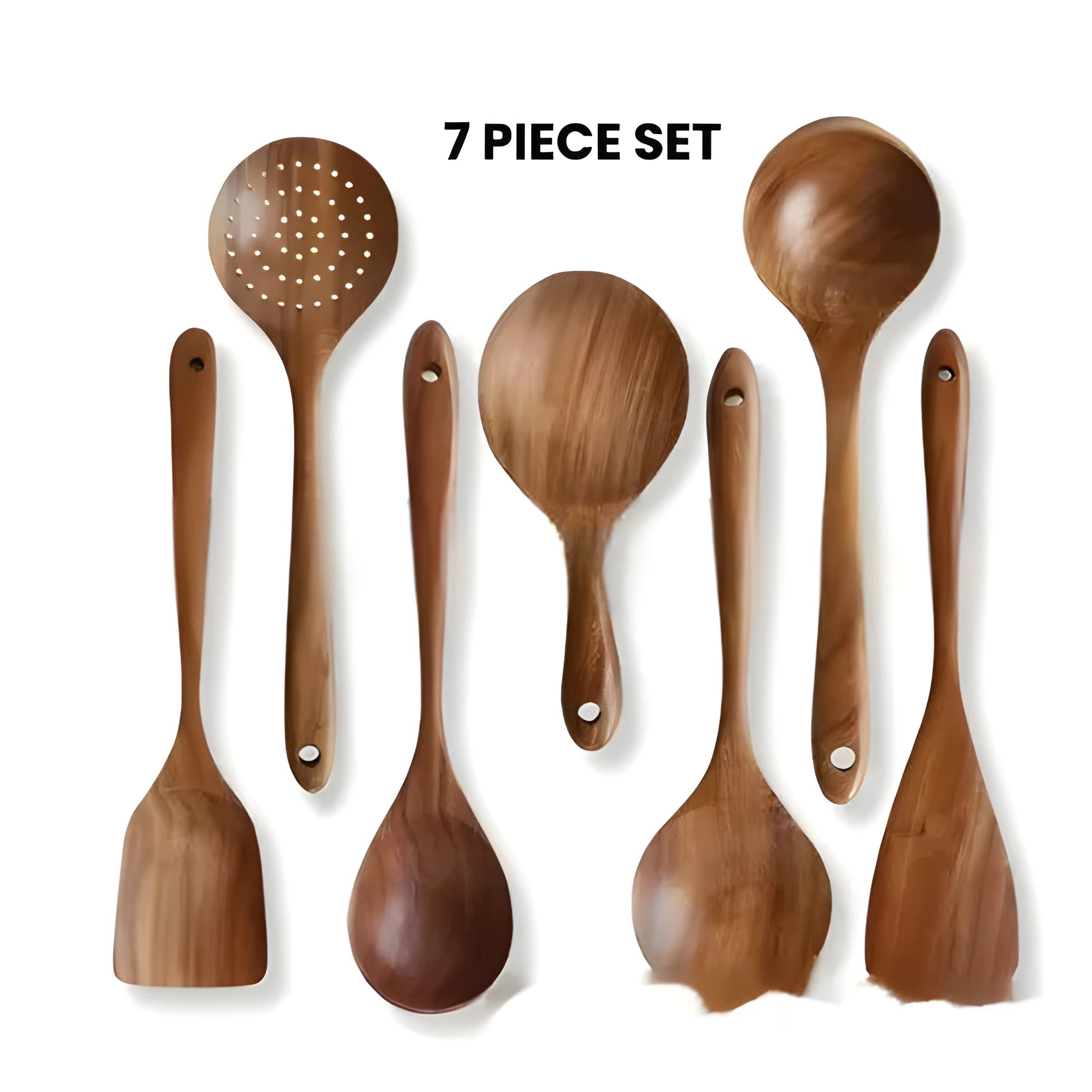 A set of seven wooden kitchen utensils including various spoons and spatulas on a table.