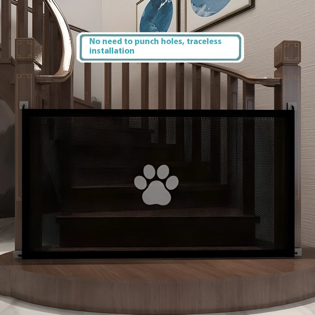Folding dog barrier net fence with pet doorsill pattern, shown in doorway setting