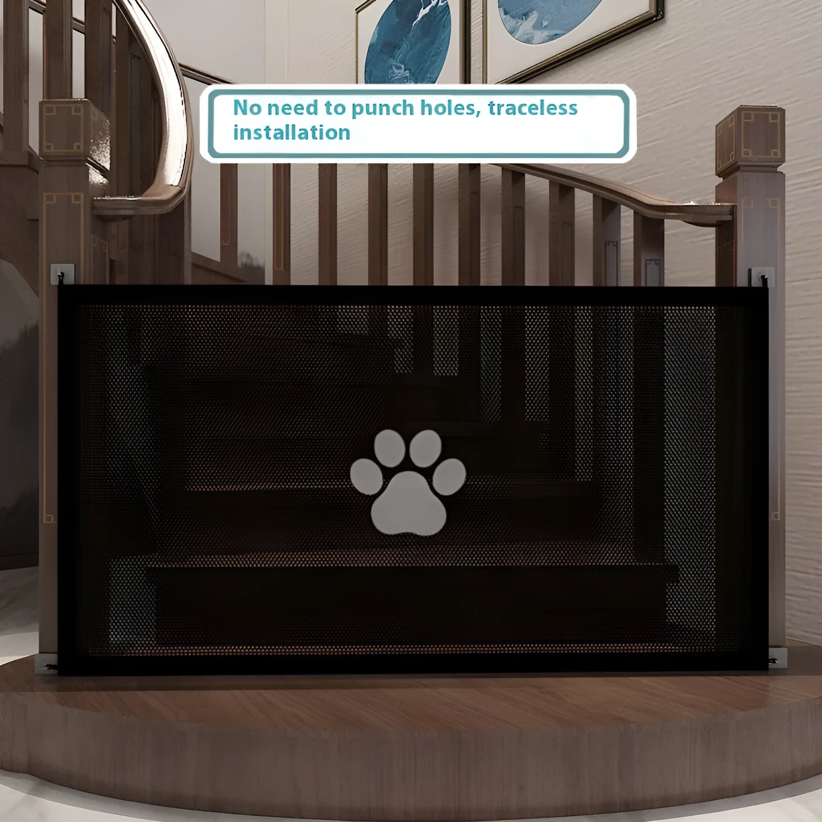 Folding dog barrier net fence with pet doorsill pattern, shown in doorway setting