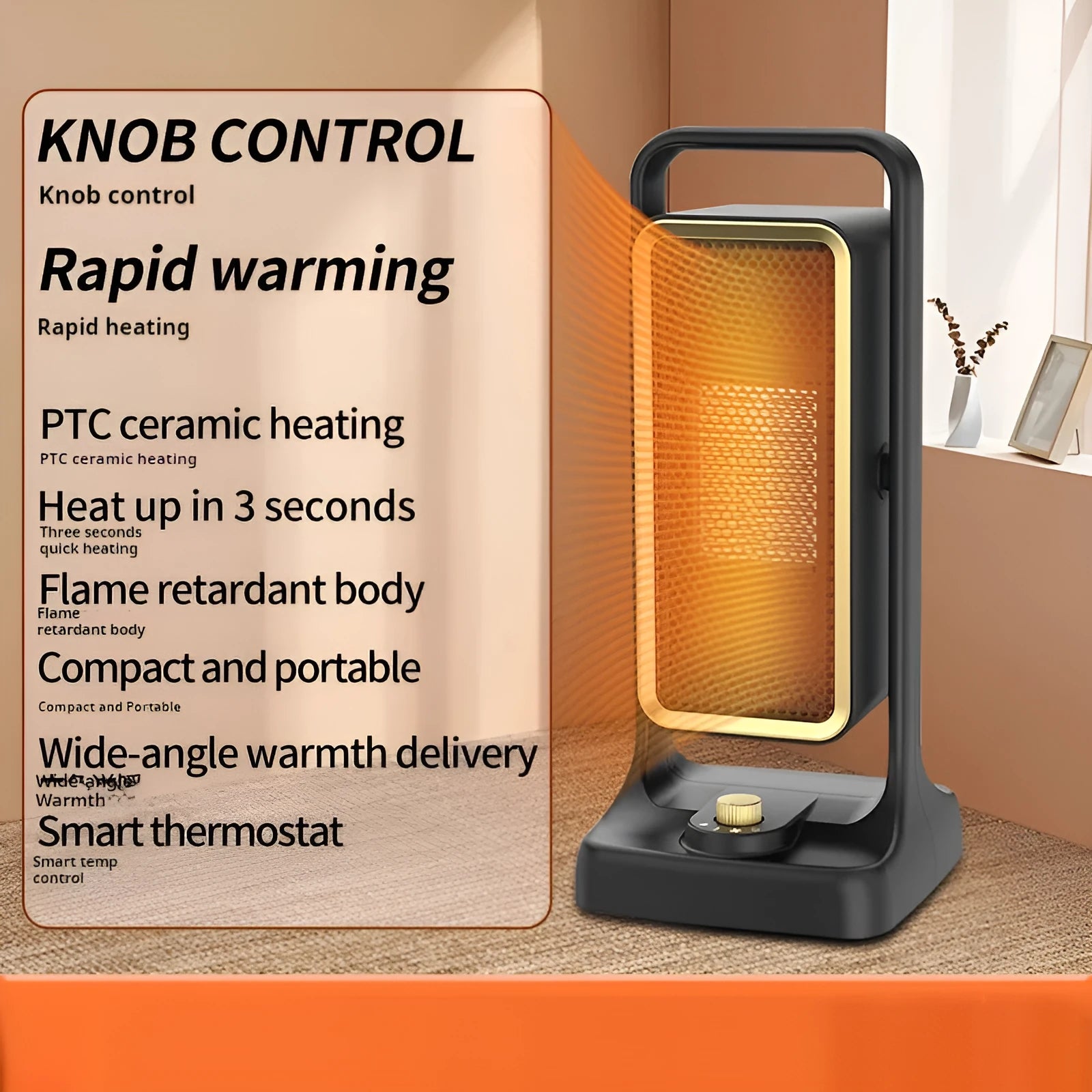 Black desktop PTC ceramic air heater with compact design and control knob