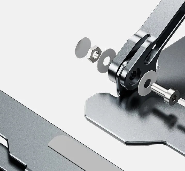 Grey aluminium laptop stand with adjustable angle and foldable design for 15-inch notebooks