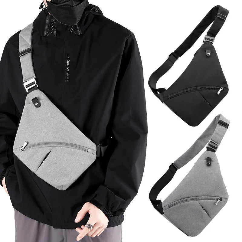 Men's Oxford cloth chest bag in black or grey with left or right shoulder options