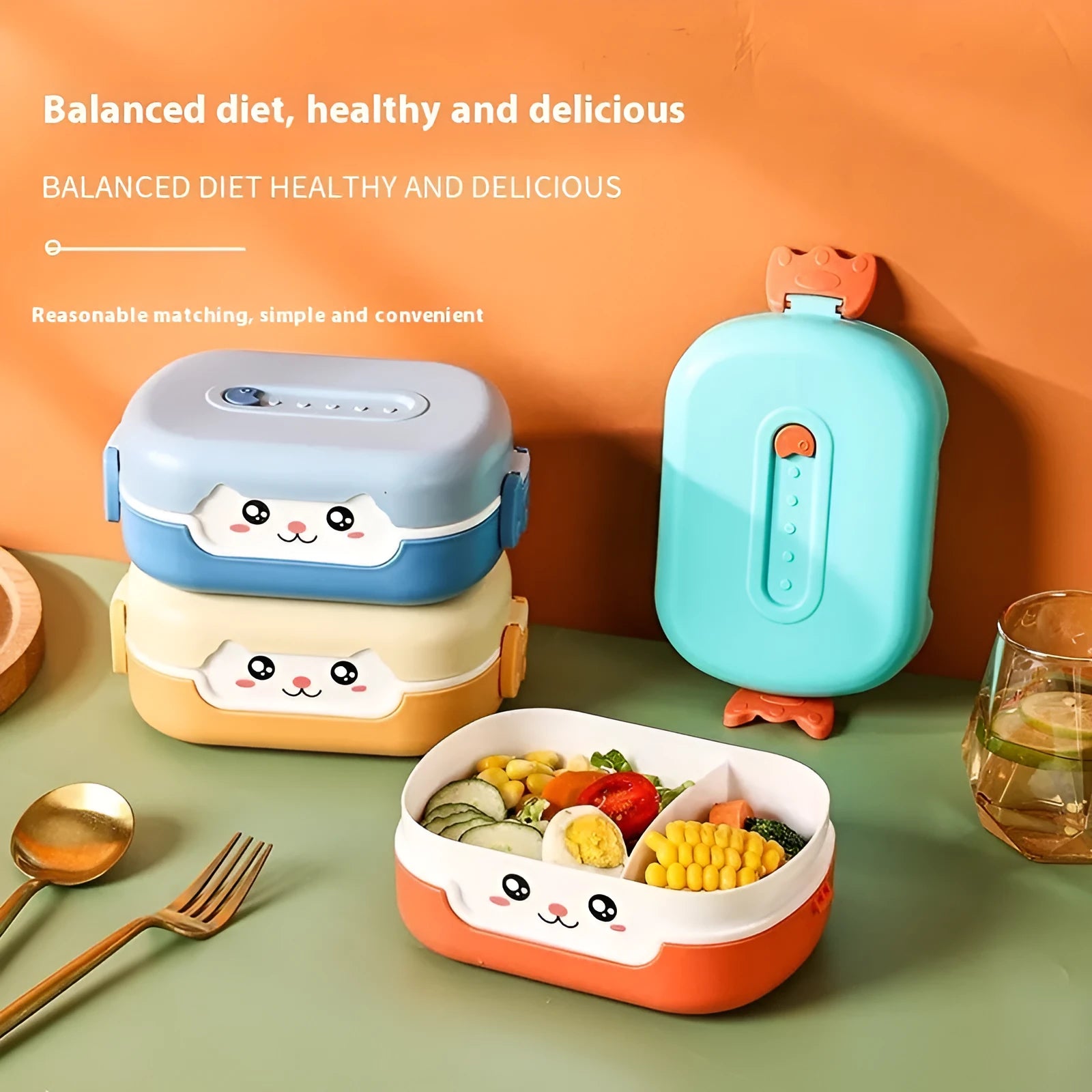 Square plastic divided lunch box with microwave-safe design in solid colour options