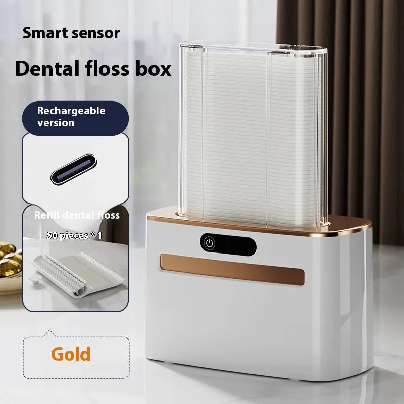 Intelligent induction automatic dental floss box in dark grey, light grey, or gold, showing floss pick dispensed.