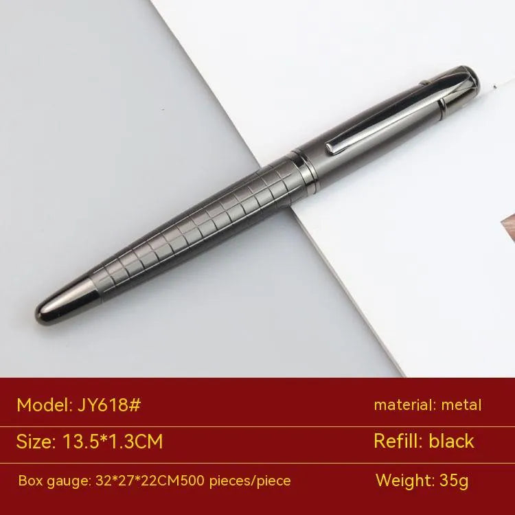 Gun grey metal roller pen showing 13.5cm length with black and blue refill options