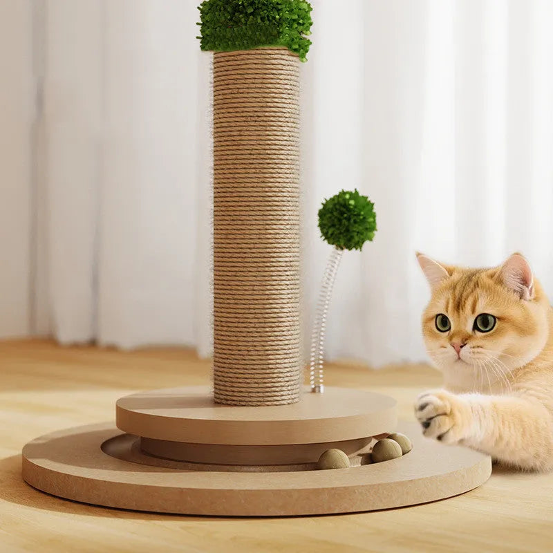 Canna coloured cat climbing frame with a chamfered hemp rope column on a density board base.
