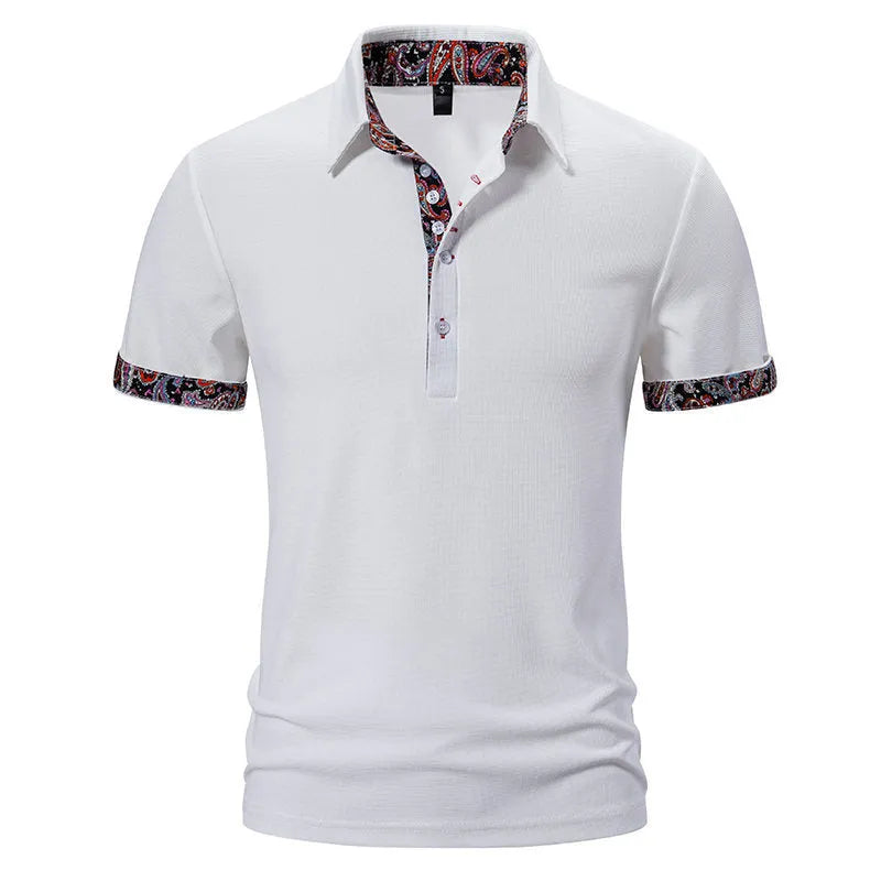 Men's short sleeve polo shirt in navy blue with colour stitching on the turnover neck.